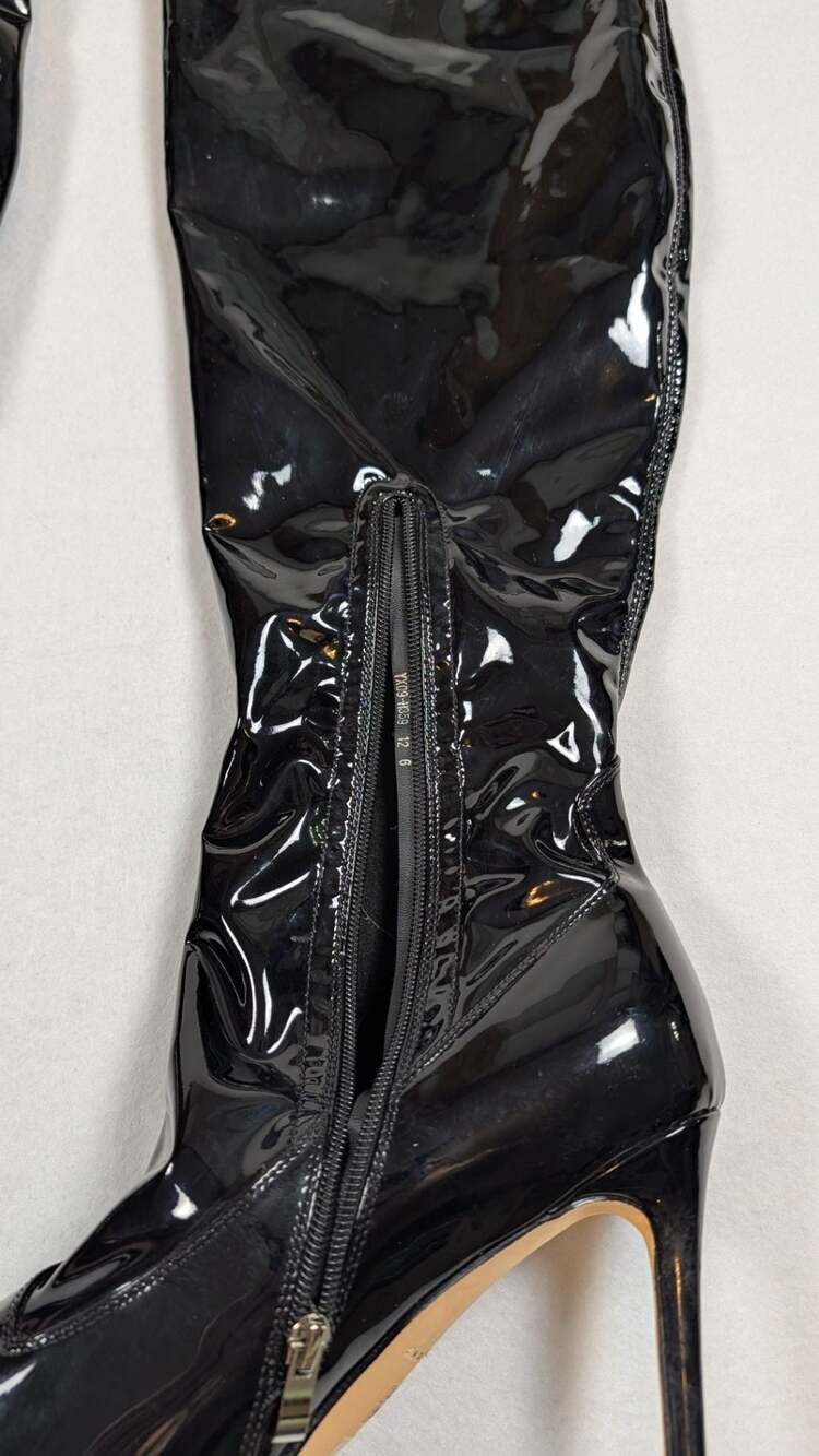 Black Patent Leatherette Over-The-Knee Pointy Toe Stiletto High Heel Boots - Picture 5 of 12